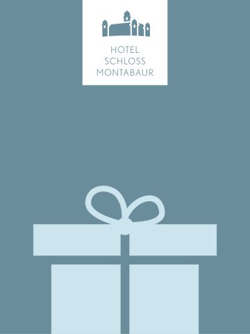Grafische Darstellung eines Geschenkgutscheins: hellblaues Geschenkpaket mit Schleife auf blauem Hintergrund, darüber das Logo des Hotels Schloss Montabaur mit Schriftzug