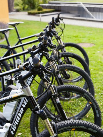 Mehrere schwarze E-Bikes der Marke Haibike in einer Reihe auf einer grünen Rasenfläche, mit breiten Reifen und stabilen Rahmen, im Hintergrund ein gepflasterter Weg und ein Geländer vor einer Terrasse