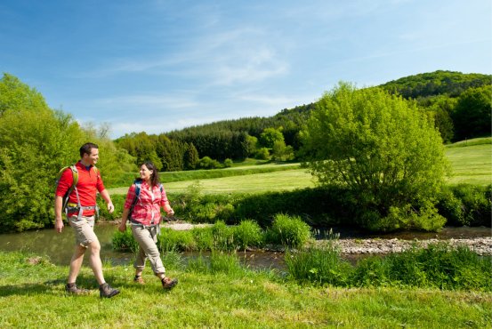 Hiking in the Westerwald near Schloss Montabaur Two people hiking on a green meadow next to a stream, surrounded by lush greenery, trees, and gentle hills under a clear blue sky