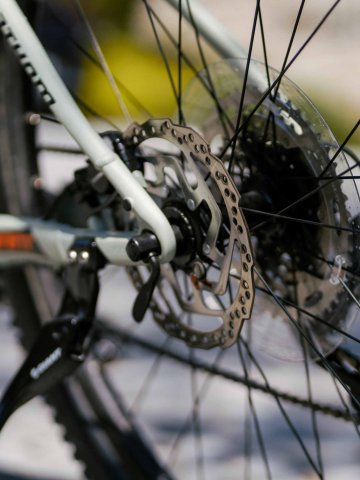 Nahaufnahme des Hinterrads eines E-Bikes mit Scheibenbremse und Speichen, aufgenommen auf einem gepflasterten Untergrund im Sonnenlicht vor dem Hotel Schloss Montabaur