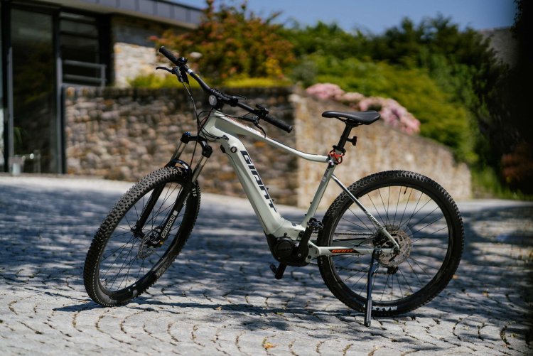 Weißes E-Bike der Marke GIANT steht auf einem gepflasterten Vorplatz vor einer Natursteinmauer und Glasfassade, umgeben von grünen Sträuchern und blühenden Pflanzen im Sonnenlicht