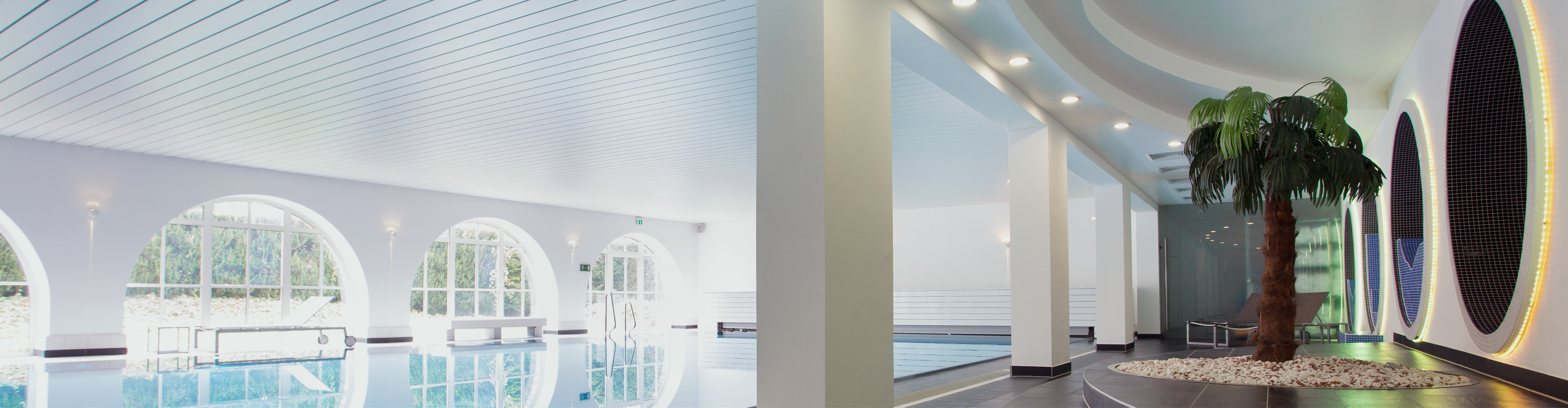 Indoor Pool with Relaxation Area – Montabaur Castle Hotel Modern indoor pool at Montabaur Castle Hotel Spa featuring large arched windows and an elegant relaxation area.