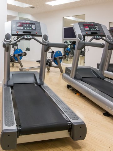 Treadmill zone at Montabaur Castle Hotel fitness studio featuring three modern machines in a bright setting.